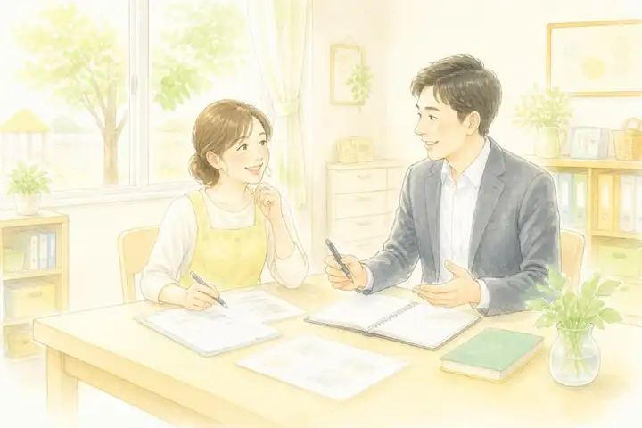 園長と社会保険労務士が書類を見ながら相談する水彩イラスト