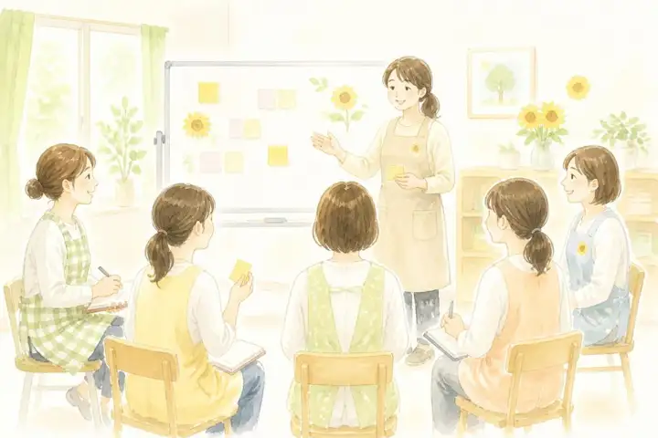保育士が輪になって話し合う研修の水彩イラスト