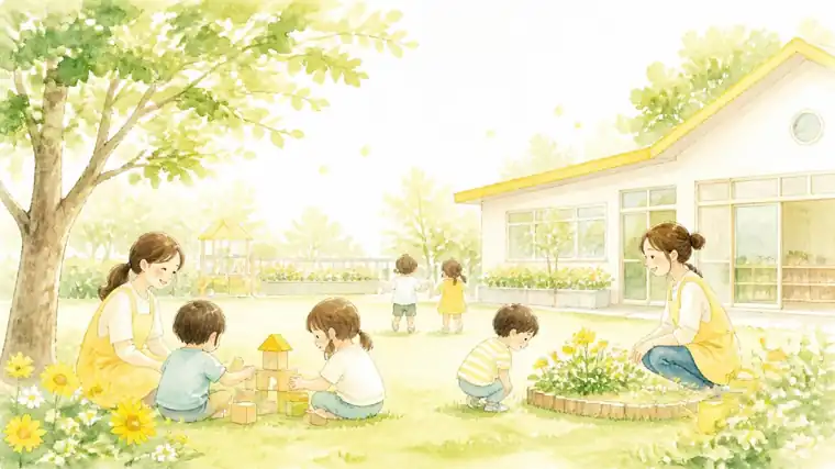 園庭で保育士が子どもたちを見守る水彩イラスト
